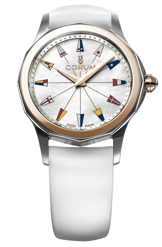 Admiral's Cup Legend Lady in Steel and Rose Gold on White Satin Strap with Mother of Pearl Dial