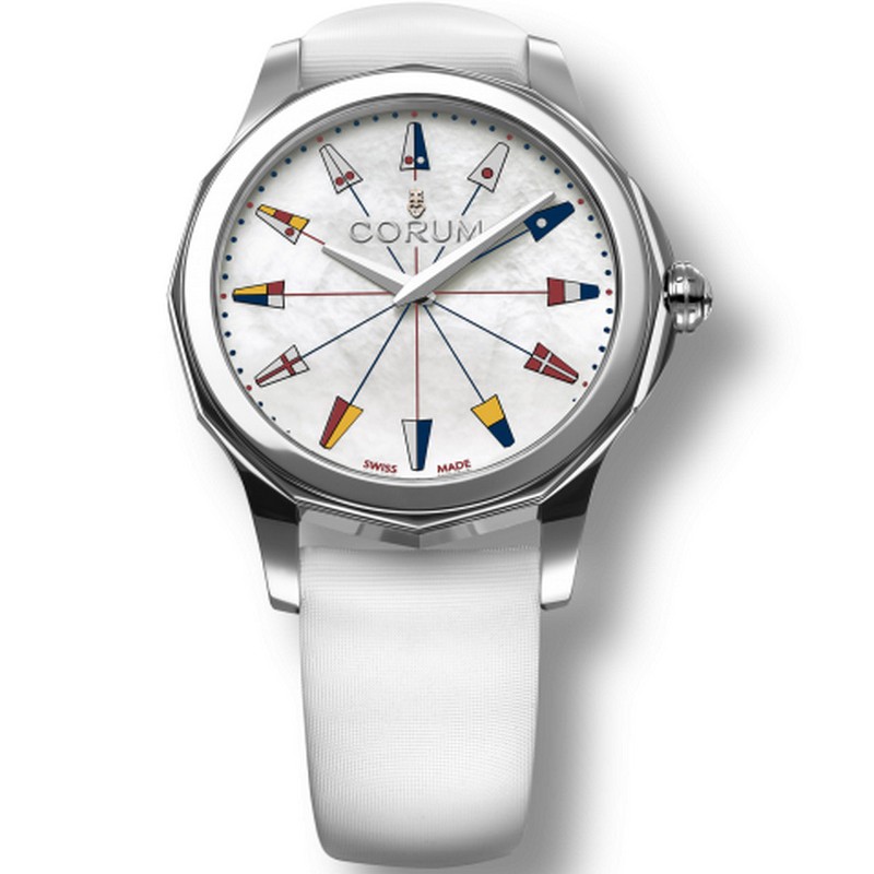 Admirals Cup Legend 38mm in Steel on White Satin Strap with Mother of Pearl Dial