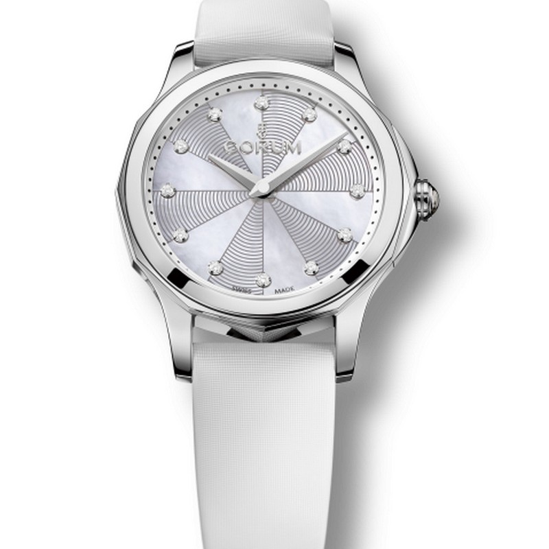 Admiral Cup Legend 38mm in Steel on White Satin Strap with Mother of Pearl Dial