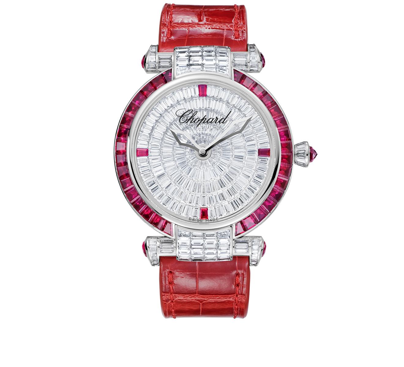 Imperiale Round in White Gold with Diamond Bezel Lugs on Red Crocodile Leather Strap with Pave Diamond Dial