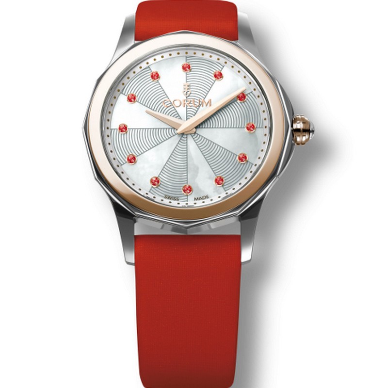 Admiral Cup Legend 32mm in Steel and Rose Gold Bezel on Red Satin Strap with Mother of Pearl Diamond Dial