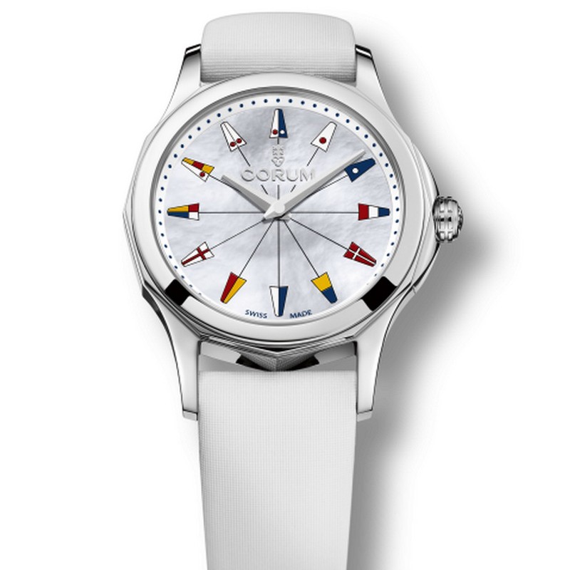Admiral's Cup Legend 32mm in Steel on White Satin Strap with Mother of Pearl Dial 
