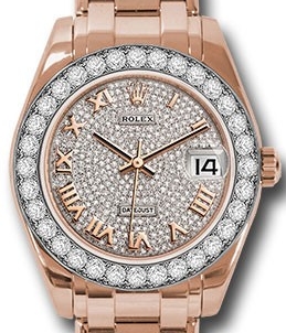 Mid Size Rose Gold Masterpiece with Diamond Bezel on Pearlmaster Bracelet with Pave Roman Diamond Dial