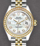 Datejust 28mm in Steel with Yellow Gold Diamond Bezel on Bracelet with White MOP Diamond Dial