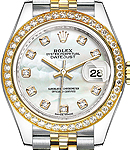 Datejust 28mm in Steel with Yellow Gold Diamond Bezel on Bracelet with White MOP Diamond Dial