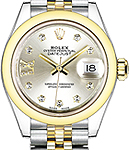 Datejust 28mm Automatic in Steel with Yellow Gold Domed Bezel on Bracelet with Silver Roman IX Diamond Dial