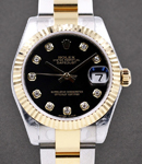 Datejust 31mm in Steel with Yellow Gold Fluted Bezel on Oyster Bracelet with Black Diamomd Dial