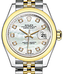 Datejust 28mm Automatic in Steel with Yellow Gold Smooth Bezel on Bracelet with  White MOP Diamond Dial