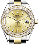 Rolex Datejust 28mm in Yellow Gold with Diamond Bezel on Oyster Bracelet with Champagne Stick Dial