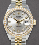 Datejust 28mm in Steel with Yellow Gold Diamond Bezel on Bracelet with Silver Diamond Dial