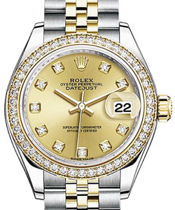 Datejust 28mm in Yellow Gold with Diamond Bezel on Yellow Gold Jubilee Bracelet with Champagne Diamond Dial