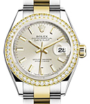 Datejust 28mm in Yellow Gold with Diamond Bezel on Yellow Gold Oyster Bracelet with Silver Stick Dial