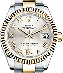 Mid Size Datejust 31mm in Steel with Yellow Gold Fluted Bezel on Jubilee Braclet with Silver Roman Diamond on VI Dial