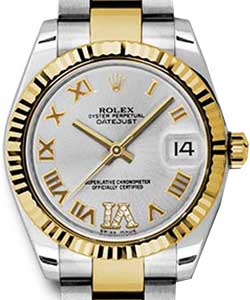 Datejust 31mm Automatic in Steel with Yellow Gold Fluted Bezel on Bracelet with Silver Diamond Roman VI Dial