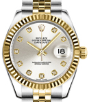 Mid Size Datejust 31mm in Steel with Yellow Gold Fluted Bezel on Jubilee Braclet with Silver Diamond Dial