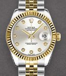 Mid Size Datejust 31mm in Steel with Yellow Gold Fluted Bezel on Jubilee Braclet with Silver Diamond Dial