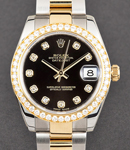 Datejust 31mm in Steel with Yellow Gold Diamond Bezel on Oyster Bracelet with Black Diamond Dial