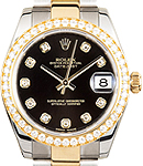 Datejust 31mm in Steel with Yellow Gold Diamond Bezel on Oyster Bracelet with Black Diamond Dial