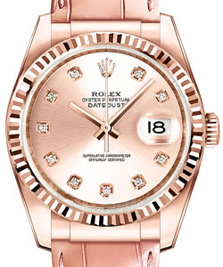 Datejust 36mm in Rose Gold with Fluted Bezel on Strap with Pink Diamond Dial