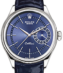 Cellini Date 39mm in White Gold with Domed and Fluted Double Bezel on Strap with Blue Guilloche Dial