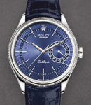 Cellini Date 39mm in White Gold with Domed and Fluted Double Bezel on Strap with Blue Guilloche Dial