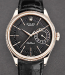 Cellini Date in Rose Gold with Double Domed and Fluted Bezel on Strap with Black Guilloche Dial