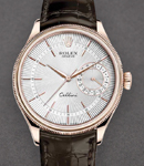 Cellini Date in Rose Gold with Double Domed and Fluted Bezel on Strap with Silver Guilloche Dial