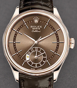 Cellini Dual 39mm in Rose Gold with Domed and Fluted Double Bezel on Strap with Brown Guilloche Dial