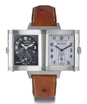 Reverso Duo in Steel on Brown Leather Strap with Black and White Dial