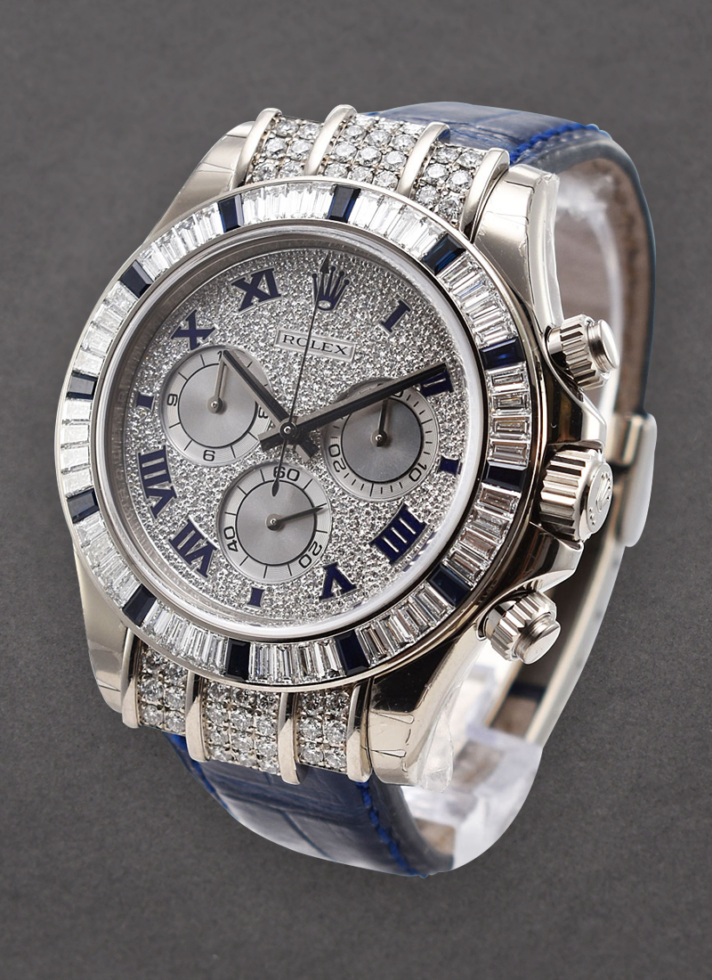 Pre-Owned Rolex Daytona Cosmograph in White Gold with Diamond & Sapphire Bezel and Diamond Case