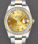 Datejust 36mm in Steel with Diamond Bezel on Steel and Yellow Gold Oyster Bracelet with Gold Diamond Dial