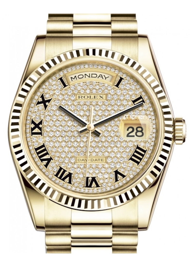 Rolex Unworn Day-Date 36mm in Yellow Gold with Fluted Bezel