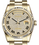 Day-Date 36mm in Yellow Gold with Fluted Bezel on Yellow Gold President Bracelet with Pave Roman Diamond Dial