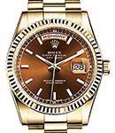 Day-Date 36mm in Yellow Gold with Fluted Bezel on President Bracelet with Cognac Brown Stick Dial