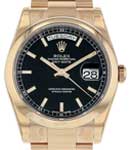 Day-Date 36mm in Rose Gold with Domed Bezel on Rose Gold Oyster Braclet with Black Stick Dial