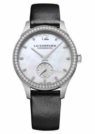 L.U.C. XPS  in White Gold with Diamond Bezel on Black Satin Strap with White Mother of Pearl Dial