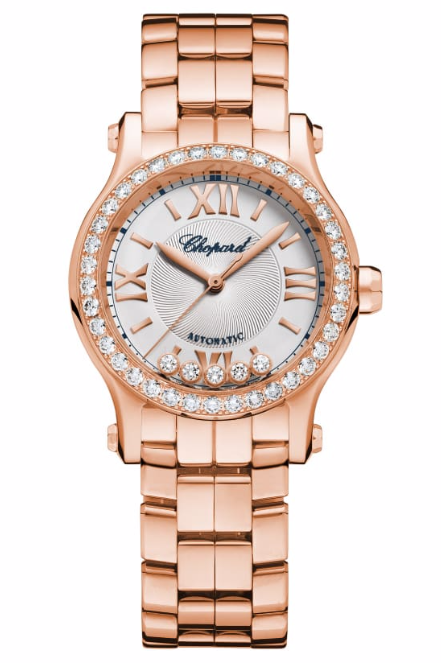 Happy Sport Medium in Rose Gold with Diamond Bezel on Rose Gold Bracelet with Silver Dial