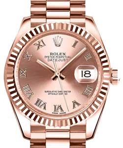 Datejust 31mm in Rose Gold with Fluted Bezel on Rose Gold President Bracelet with Pink Champange Roman Dial