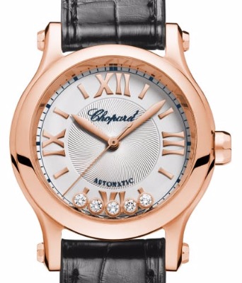 Happy Sport Mini in Rose Gold on Black Leather Strap with Silver Dial