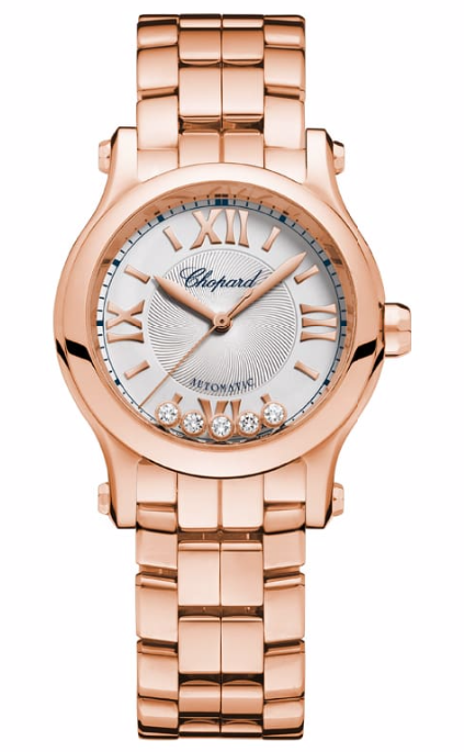 Happy Sport 30mm in Rose Gold on Rose Gold Bracelet with Silver Diamond Dial
