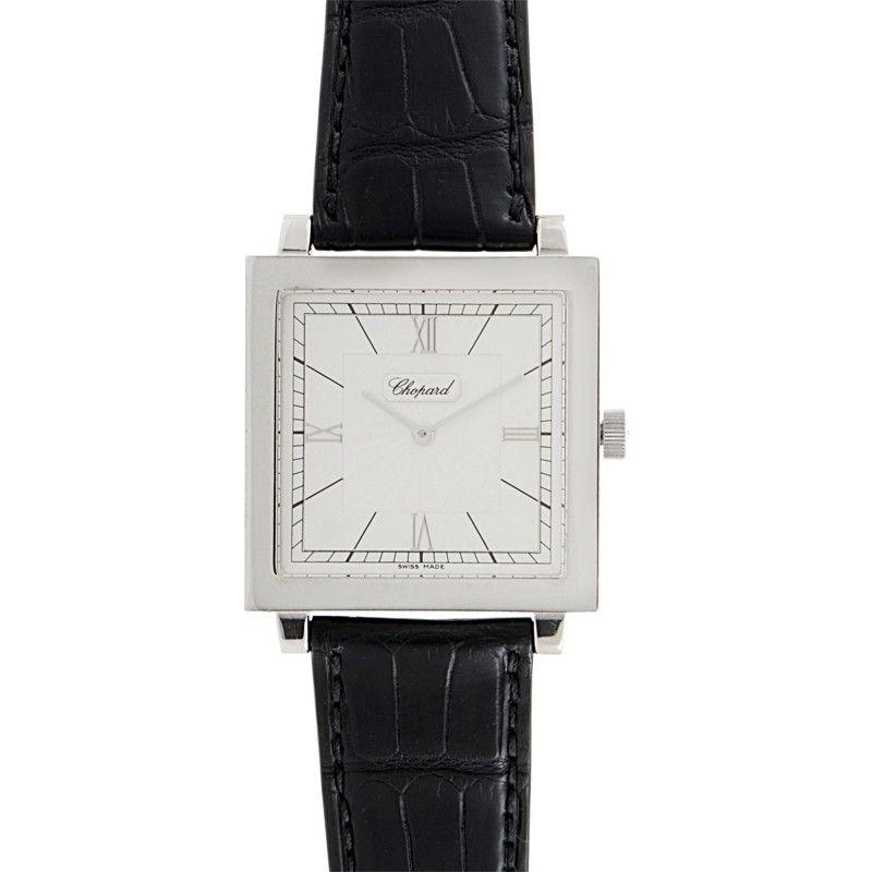 Classic Square in White Gold on Black Leather Strap with Silver Dial