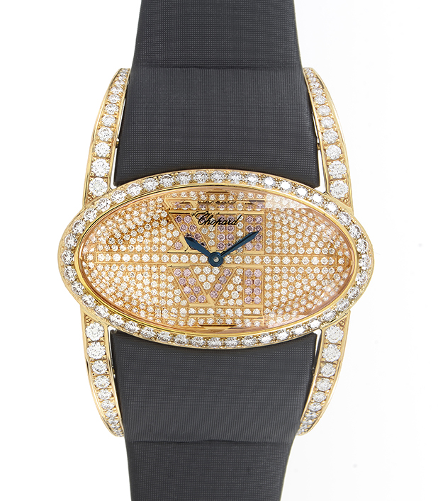 Classic Watch in Rose Gold with Diamond Bezel on Black Satin Strap with Pave Diamond Dial
