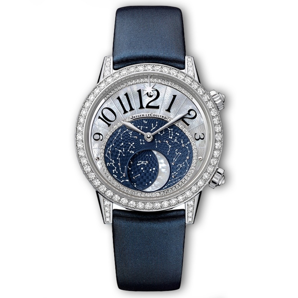 Rendez-Vous Night & Day in White Gold and Diamonds on Blue Satin Strap with Blue Dimaond Dial