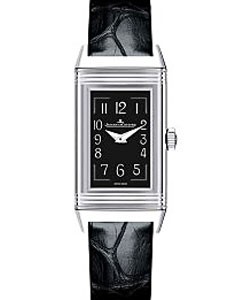 Reverso One Reedition in Steel on Black Alligator Leather Strap with Black Arabic Dial