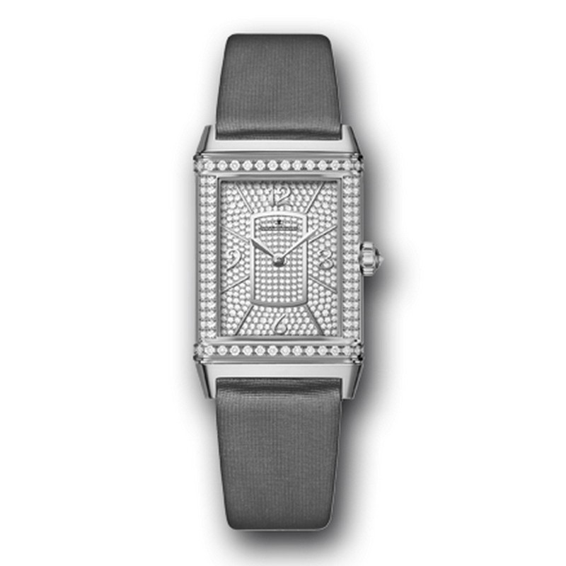Grande Reverso Lady Ultra Thin Duetto Duo in White Gold and Diamonds on Gray Satin Srap with Diamond Pave Dial