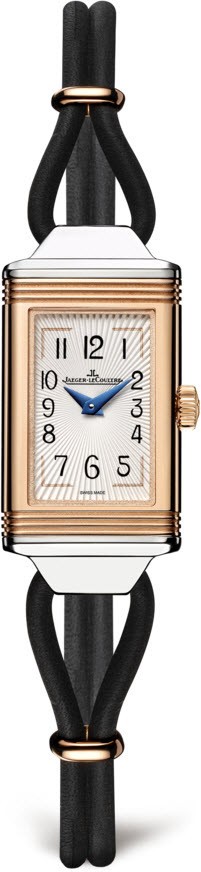 Reverso One Cordonnet  in Steel with Rose Gold on Black Leather Strap with Silver Dial