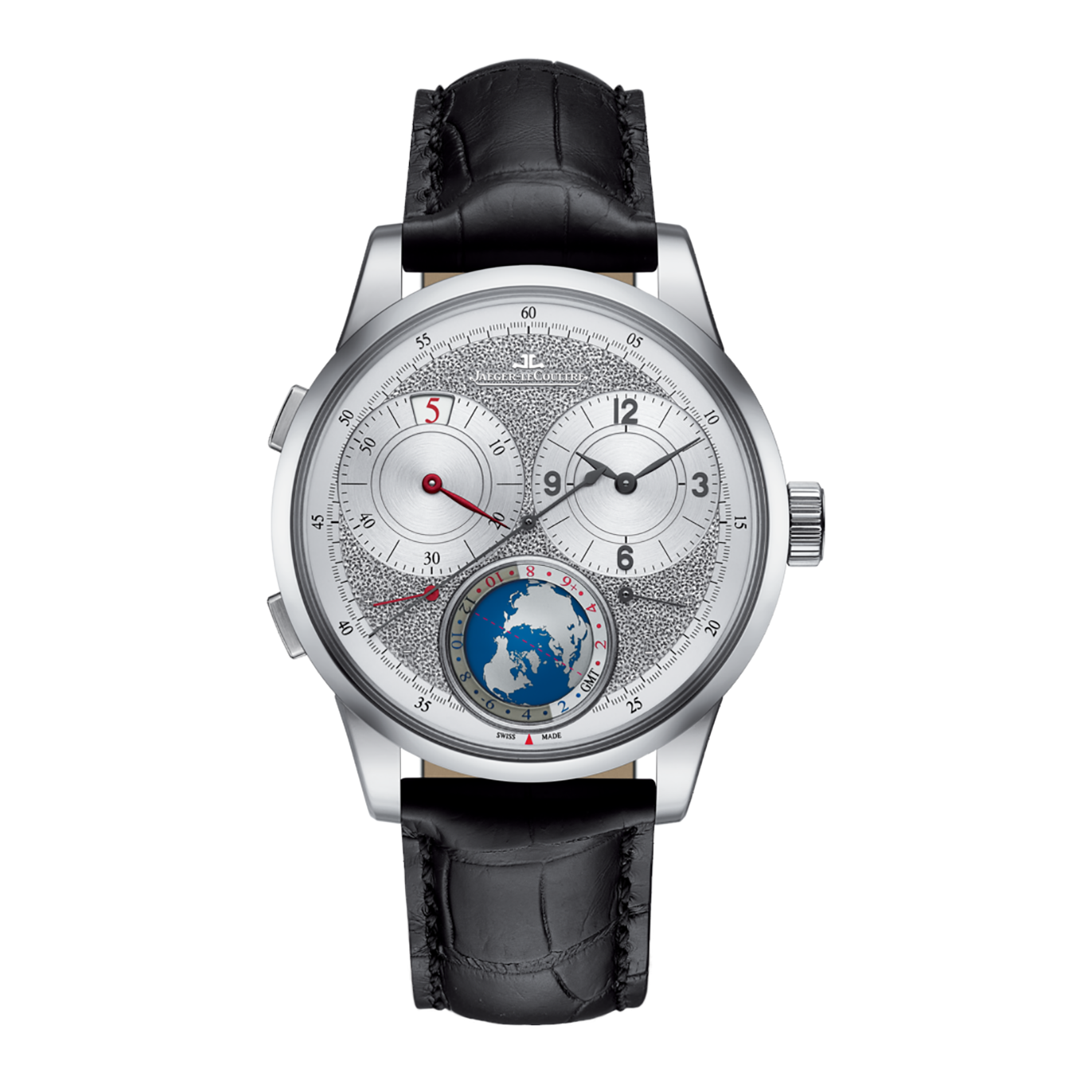 Duomï¿½tre Unique Travel Time on in White Gold on Black Alligator Leather Strap with Silver Dial