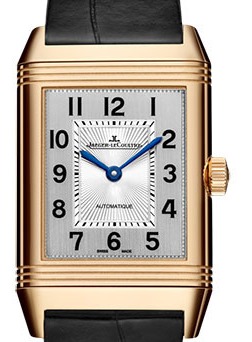 Reverso Classic Medium  Duetto in Pink Gold on Black Alligator Leather Strap with Silver and Black Guilloche Dial