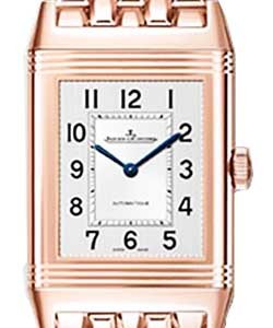 Reverso Classic Medium  Duetto in Rose Gold on Rose Gold Bracelet with Silver and Black Guilloche Dial