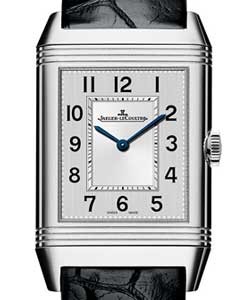 Reverso Classic Medium Duetto in Steel on Black Leather Strap with Black/Silver Dial